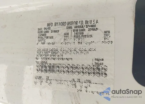 2002 Ford F-150 Lariat/Xl/Xlt z USA, uszkodzony, nr VIN 1FTRX17W12NB50871